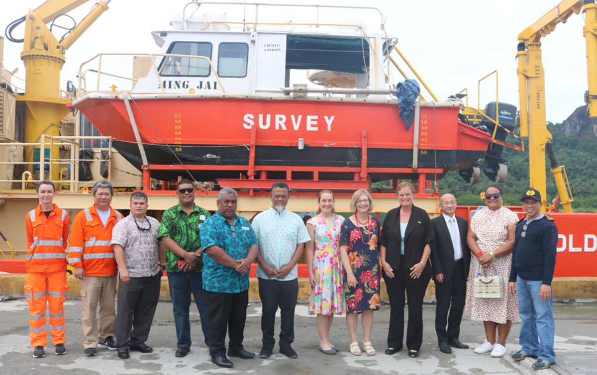 Representatives from the project countries’ governments visit the RV Bold Explorer, a survey ship which made a port of call in Pohnpei before commencing its survey route, November 2023.