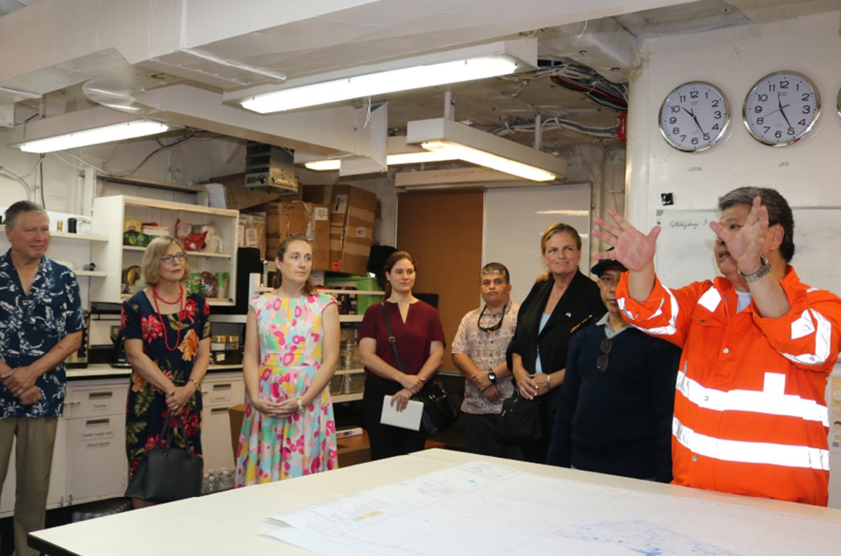 Representatives from the project countries’ governments visit the RV Bold Explorer, a survey ship which made a port of call in Pohnpei before commencing its survey route, November 2023.